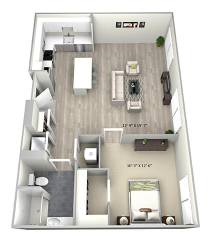 Floor plan for 1 bed, 1 bath, 715 sqft
